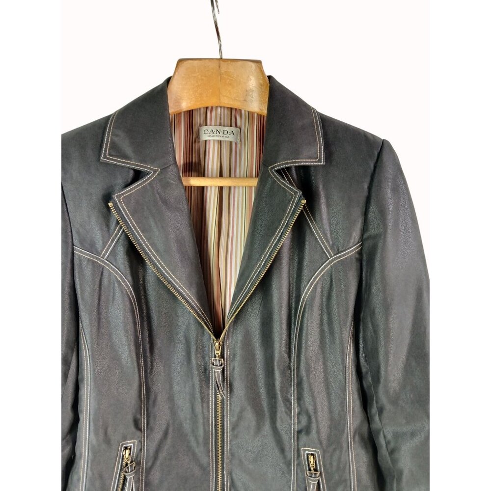 CANDA C&A Womens Black Faux Leather Jacket Zipper Closure Contrast Size 40 Moto - Picture 2 of 13